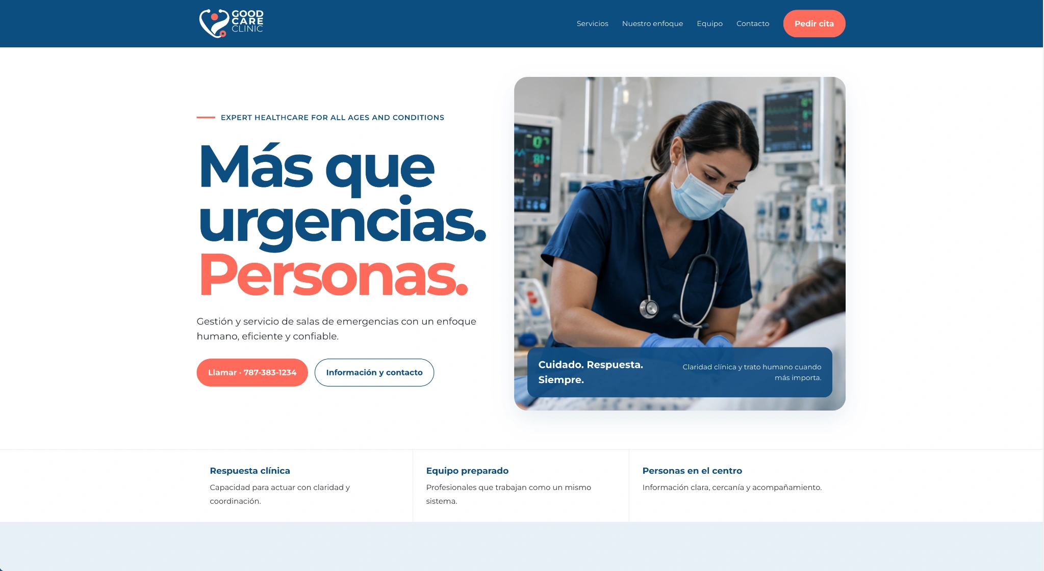 Good Care Clinic: página principal del rediseño web con el mensaje Más que urgencias. Personas.