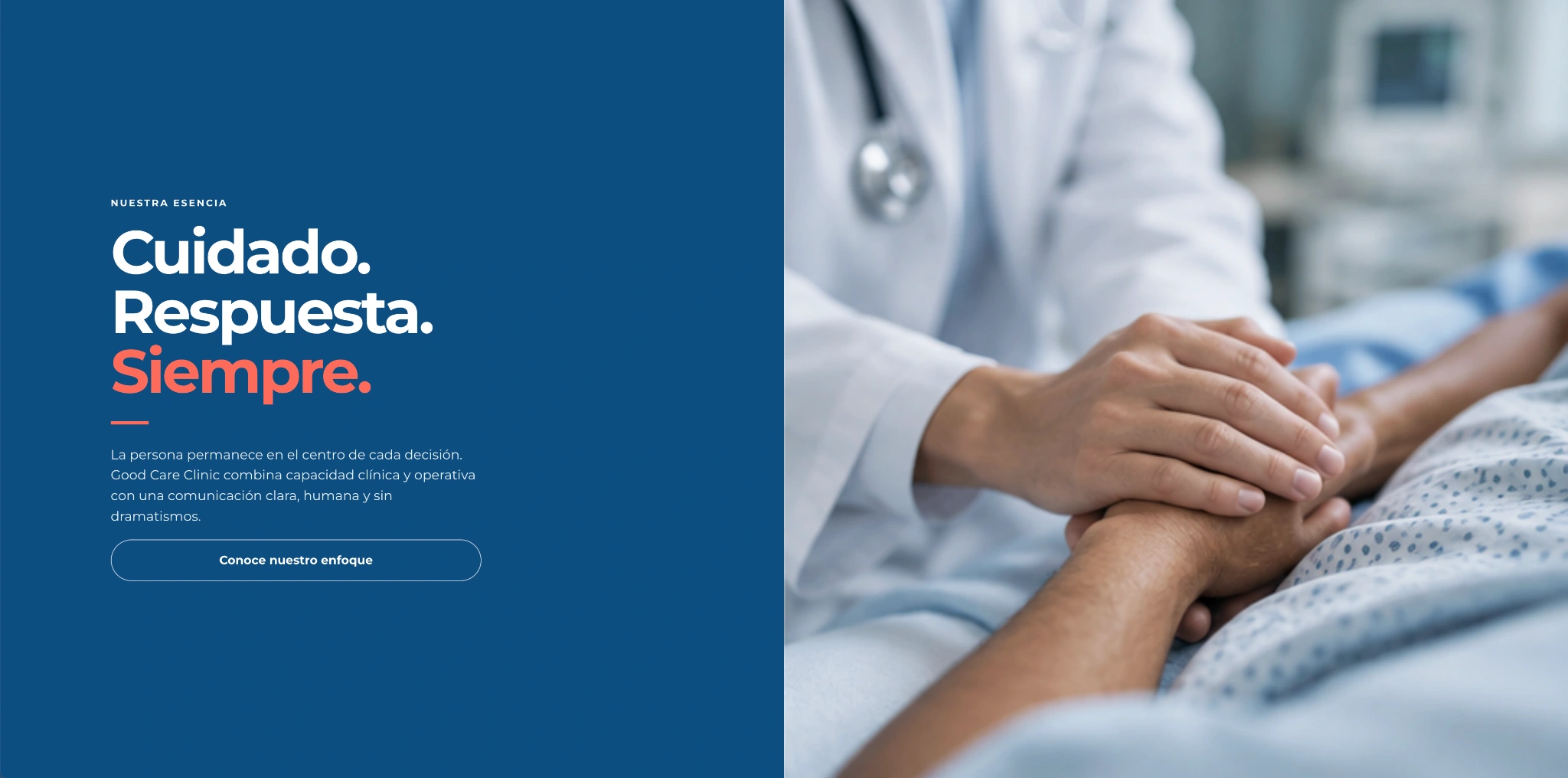 Good Care Clinic: sección web Cuidado. Respuesta. Siempre. junto a una imagen de acompañamiento al paciente.