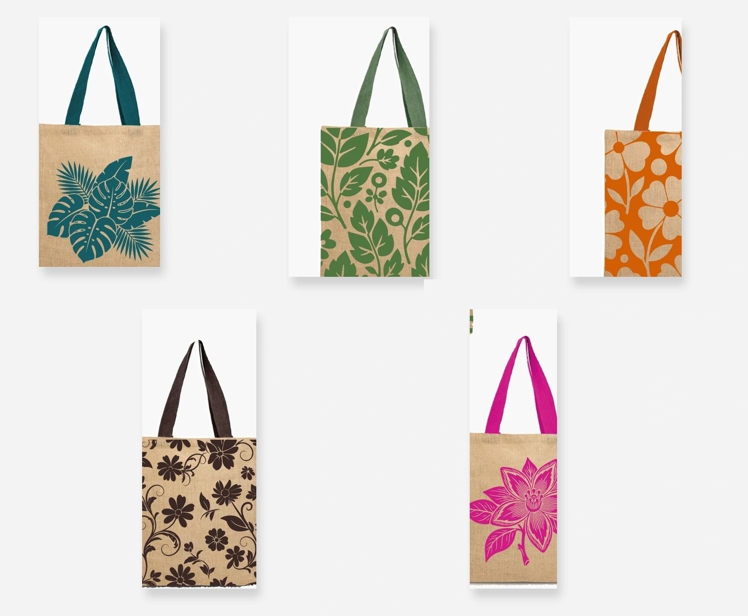 Mosaico de productos con aplicaciones gráficas sobre bolsas, sin marca visible.