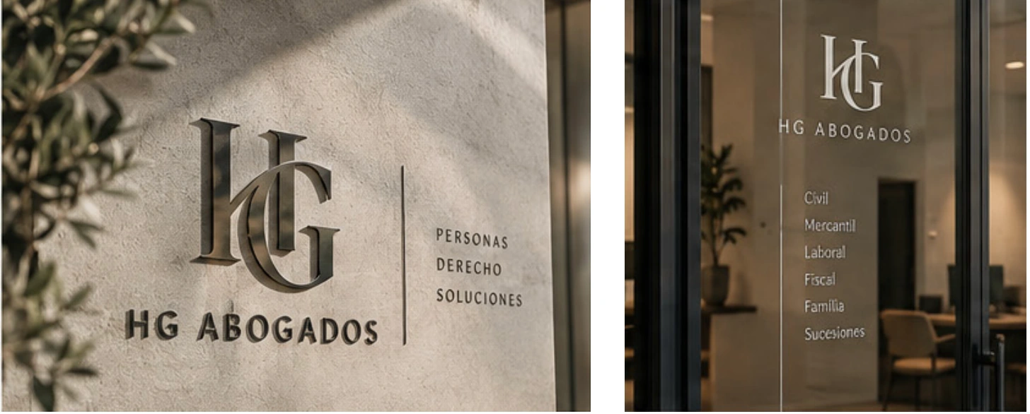 HG Abogados: aplicación del monograma y logotipo en fachada y cristal de despacho.