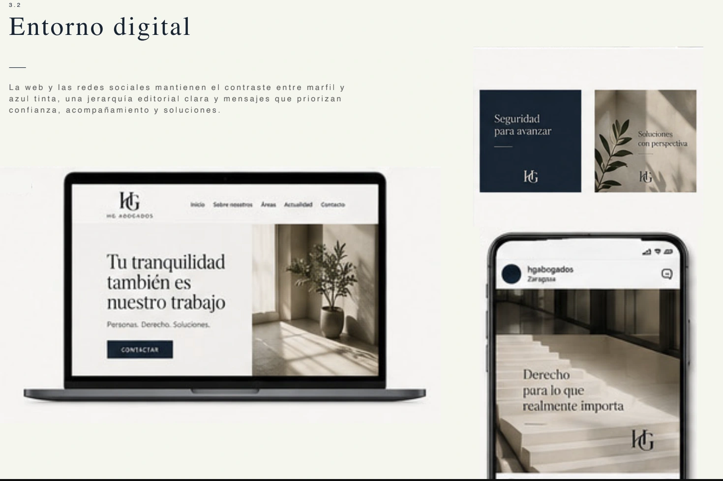 HG Abogados: entorno digital con web en portátil, móvil y piezas para redes sociales.